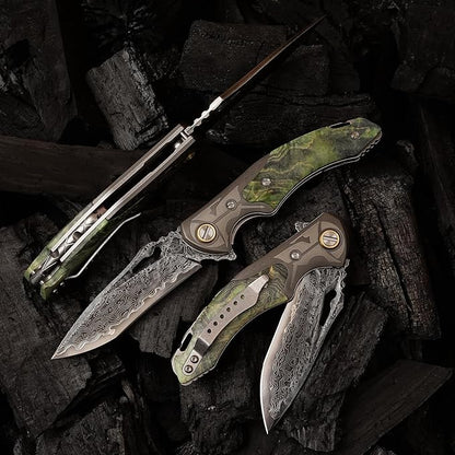 VG10 Damascus Steel Folding Knife, Stable Wood with Leather cover and pocket clip, Outdoor Survival Knife Portable EDC Camping, can be used as a gift