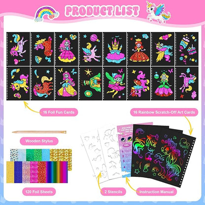 homicozy Art & Craft Activity for Kids: Foil Fun Unicorns and Princess & Scratch Art Book 2-in-1,No Mess Art Crafts for Girls,DIY Creative Activity Kit,Gifts for Girls Ages 4,5,6,7,8,9, Travel Toys