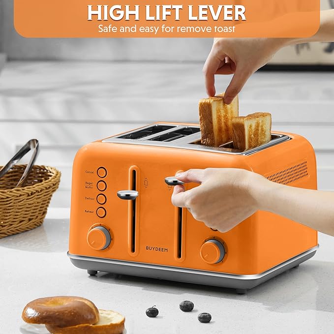 BUYDEEM DT640 4-Slice Toaster, Extra Wide Slots, Retro Stainless Steel
