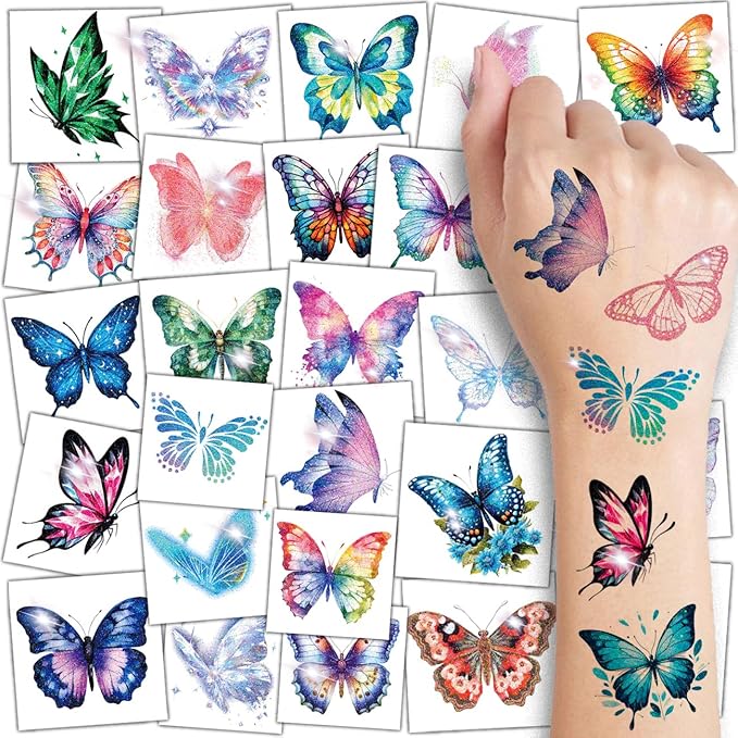 Glitter Butterfly Temporary Tattoos for Kids - 74 Individually Sheets Watercolor Butterfly Tattoos for Kids Birthday Decorations
