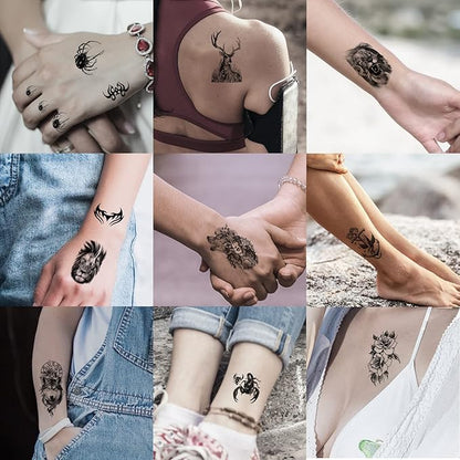 82 Sheets Temporary Tattoo for Men Women Adults, Include 12 Sheets Black 3D Half Sleeve Temporary Tattoos, Halloween Tattoos Scary Lion Wolf Tiger Skull Skeleton Tattoos Stickers