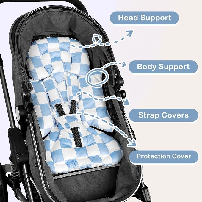 DILIMI Infant Car Seat Insert, Baby Car Seat Head Support with 3 Strap Paddings, Soft Newborn Car Seat Cushion for Stroller, Swing, Bouncers, Blue Checkered