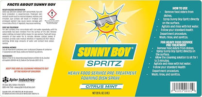 Apter Industries Sunny Boy Spritz | Heavy-Duty Foaming Dish Spray | Tackles Grease & Food Debris | Pre-Treatment Cleaner | Over 1500 Sprays per Bottle | Citrus Mint