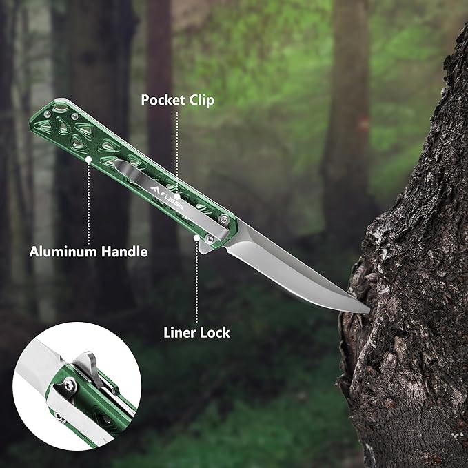 FLISSA Folding Knife, 4.5" Folding Pocket Knife, Hollow-out Design Handle, Tactical Pocket Knife for Hunting, Survival, EDC, Camping and Outdoor Activities, Green