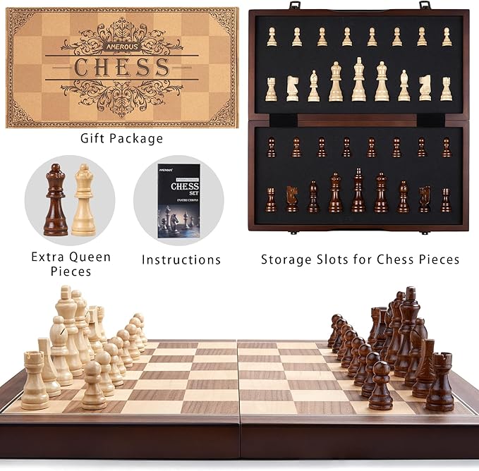 AMEROUS 15'' Magnetic Wooden Chess Set for Adults Kids - with Folding Board, Gift Package, Pieces Storage Slots, Handmade Pieces,Chess Board Game Set for Tournament Professional Beginner