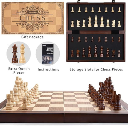 AMEROUS 15'' Magnetic Wooden Chess Set for Adults Kids - with Folding Board, Gift Package, Pieces Storage Slots, Handmade Pieces,Chess Board Game Set for Tournament Professional Beginner