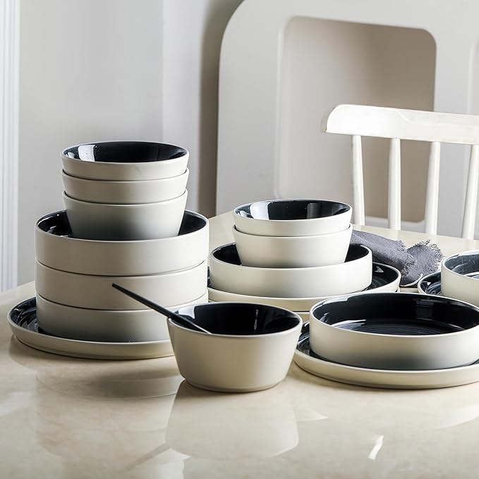 Stone Lain Elica 24-Piece Modern Dinnerware Set Stoneware, Plates and Bowl Sets for 8, Black and Beige
