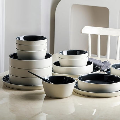 Stone Lain Elica 24-Piece Modern Dinnerware Set Stoneware, Plates and Bowl Sets for 8, Black and Beige