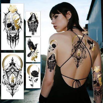42 Sheets Metallic Gothic Temporary Tattoo for Women Men, 12 Half Arm Golden Skull Cat Floral Fake Tattoos, 30 Black Glitter Rose Butterfly Spider Halloween Tiny Adult Kid Body Tattoos Stickers