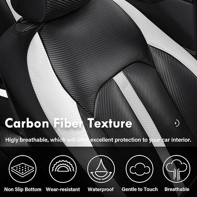 Coverado Leather Car Seat Covers Full Set & Carbon Fiber, Waterproof and Durable All Weather Protector, Universal Fit for SUV, Pickup Truck, Sedan, Automotive Vehicle Interior, Black&White