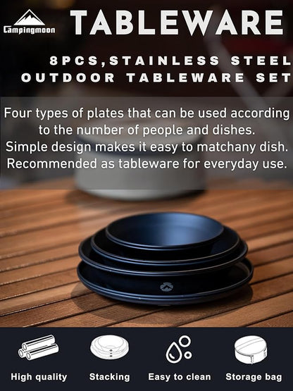 CAMPINGMOON 8pcs Camping Mess Kit Φ4.7"~Φ7" Bowls Plates Black BKS395-2S
