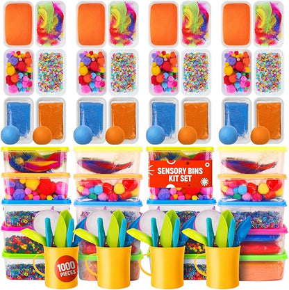 Sensory Kit for Toddlers and Kids - Includes 6 Bins with Lids, Play Tools, Sand, Feathers, Clay, Color Beads and Pom Poms Kids Box Fillers (4 Pack)