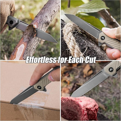 FLISSA Folding Knife, Pocket Knife with D2 Steel Blade, G10 Handle, Pocket Clip, Lightweight for Tactical, Camping, Hiking, Hunting, EDC, Daily Use, Outdoor Activities(Brown)