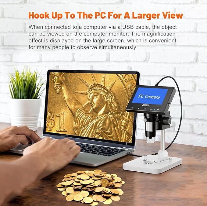 Elikliv Microscope, LCD Digital Coin Microscope 1000x, Coin Magnifier with 8 Adjustable LED Lights, PC View Compatible with Windows/MacBook, EDM4, 4.3-Inch