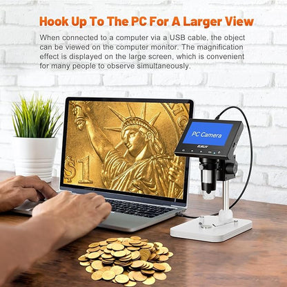Elikliv Microscope, LCD Digital Coin Microscope 1000x, Coin Magnifier with 8 Adjustable LED Lights, PC View Compatible with Windows/MacBook, EDM4, 4.3-Inch