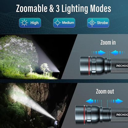 Rechargeable Flashlights High Lumens, G1000 Super Bright Flash Light Grey, Small Zoomable LED Flashlight with 3 Lighting Modes, Portable Tactical Flashlight for Camping Essentials (Battery Included)