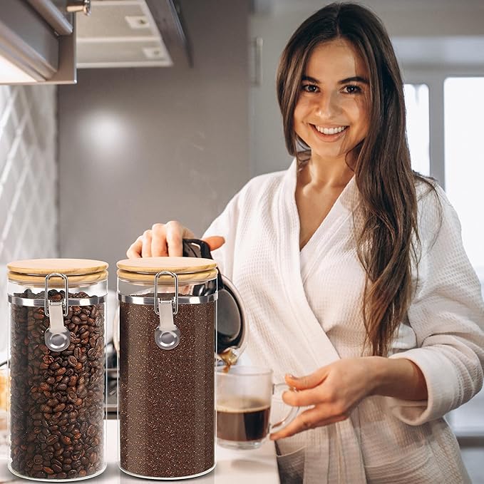 Glass Storage Jars Set Elegant Containers with Airtight Bamboo Lids, Perfect for Kitchen Organization - Flour, Rice, Pasta, Sugar, Coffee Beans, Accessories Included (Coffee Jar x 2)
