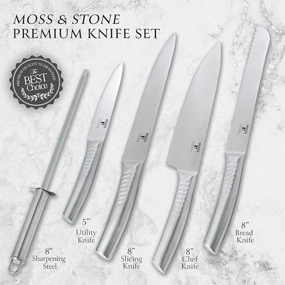 Moss & Stone Professional Kitchen Knife Chef Set, 6 Pcs Small Knife Set With Block, Premium Kitchen Knife Set Stainless Steel, Scratch Resistant & Rust Proof, Knife Block With Sharp Cooking Knives.