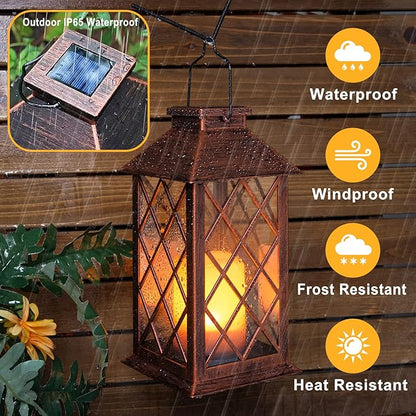 [2 Pack] TAKE ME 14" Solar Lantern Outdoor Garden Hanging Lantern Waterproof LED Flickering Flameless Candle Mission Lights for Table,Outdoor，Mothers Day Gifts Mom Wife