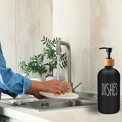 Sunrise Premium 16 OZ Thick Black Glass Soap Dispenser, Bamboo Pump