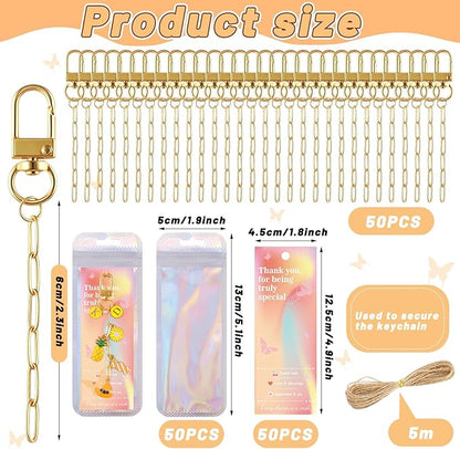 Wurosi 50 Set Paperclip Keychain Making Kit, Bag Charm Kit, 50 Keychain Clips, 50 Extender Chain, 50 Resealable Pouch Bag, 50 Thank You Cards, 5M Hemp Rope, Jewelry Making Kit for DIY Keyrings Charms