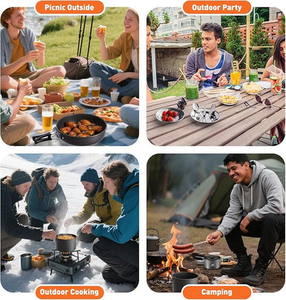 27pcs Camping Cookware Mess Kit for 2-4 People, Portable Cookware Set with Kettle, Pots & Pans, Stainless Steel Utensils, Plates, Dishware for Backpacking, Picnic, Outdoor Adventures