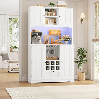 FINETONES 71" Pantry Cabinet with 7-Color LED Light and Charging Station, Kitchen Pantry Cabinet with Microwave Stand, Kitchen Hutch Food Storage Cabinet with Outlet and Wine Racks, White