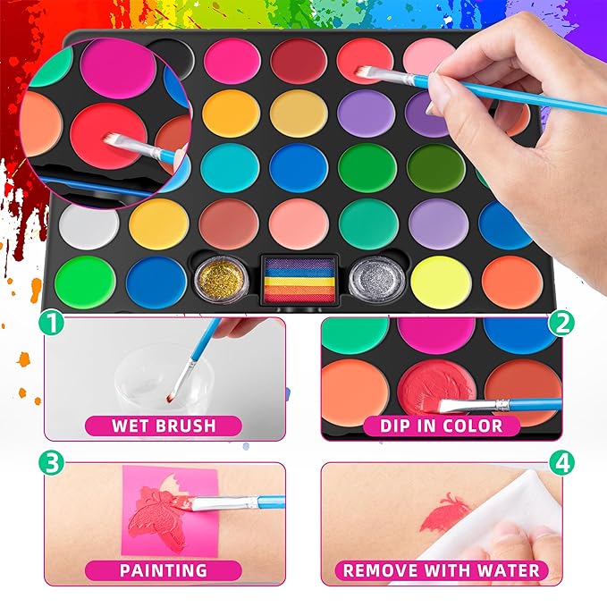 Maydear Face Painting Kit for Kids, 32 Colors Water Based Makeup Palette with Stencils, Glitters, Rainbow Split Cake, Hair Dye Clips, for Parties, Halloween, Safe Professional Face Body Paint Kit