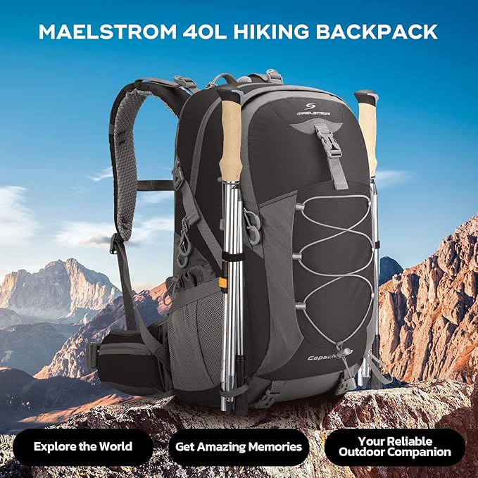 Maelstrom Hiking Backpack,Camping Backpack,40L Waterproof Hiking Daypack with Rain Cover,Lightweight Travel Backpack,Black