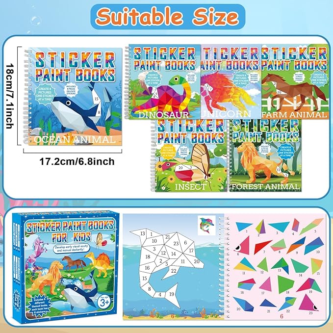 6 Pcs Paint by Sticker Books for Kids Ages 4-8 Sticker by Number Books Activity Book for Kids Ages 3-5 Sticker Puzzle Book Craft Art Toddler Girls Gift with Dinosaur Unicorn Forest Animal 48 Pictures