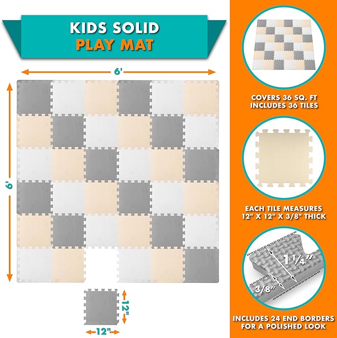 ProSource Foam Puzzle Floor Play Mat for Kids and Babies with Solid Colors, 36 or 16 Interlocking Tiles with Borders, White/Grey/Beige