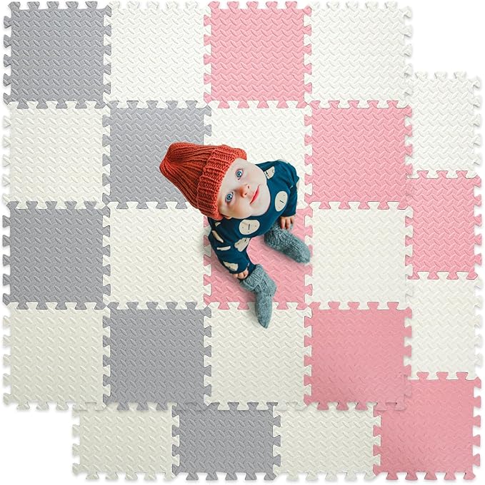 Foam Floor Mats for Kids, 12 x 12 Inch 16 Tiles 0.4" Thickness Foam Play Mat, Non-Toxic Square Interlocking Floor Mats Rubber Baby Play Mat for Toddlers(White/Gray/Lori Pink)