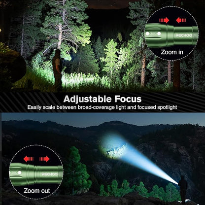 RECHOO LED Flashlight 2 Pack Green, Tactical Flashlights High Lumens with 3 Modes, Pocket Small Flash Light, Waterproof Zoomable Flashlights for Home Emergency, Camping Essentials (Battery Included)