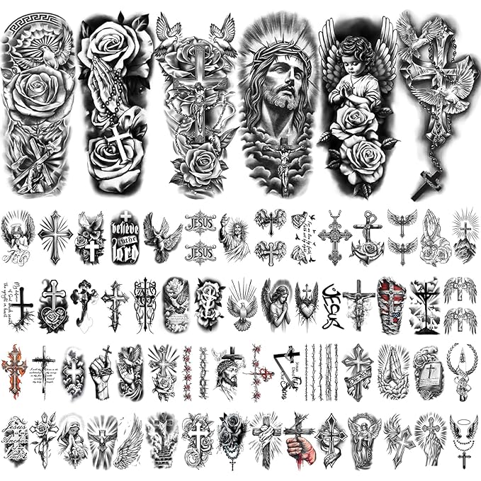 77 Sheets Christian Temporary Tattoo for Women Men, 17 Sheets Half Arm Religious Cross Jesus God Angels Fake Tattoos for Adult Arm Chest, 60 Sheets Christ Tiny Realistic Tattoos Stickers for Kids