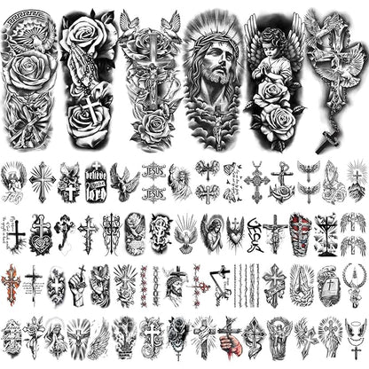 77 Sheets Christian Temporary Tattoo for Women Men, 17 Sheets Half Arm Religious Cross Jesus God Angels Fake Tattoos for Adult Arm Chest, 60 Sheets Christ Tiny Realistic Tattoos Stickers for Kids