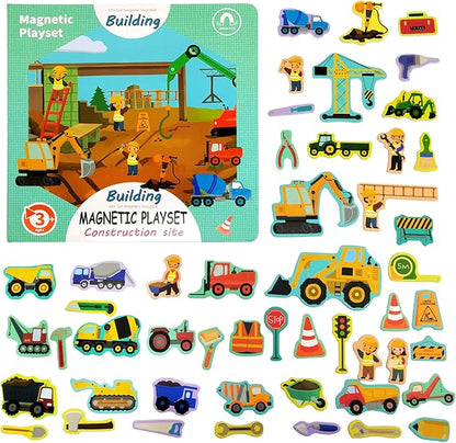 Construction Site Fridge Magnets for Toddlers, 50 PCS Refrigerator Magnets for Kids, Create a Scene Magnetic Play Sticker Book Travel Game Educational Toys for Kids
