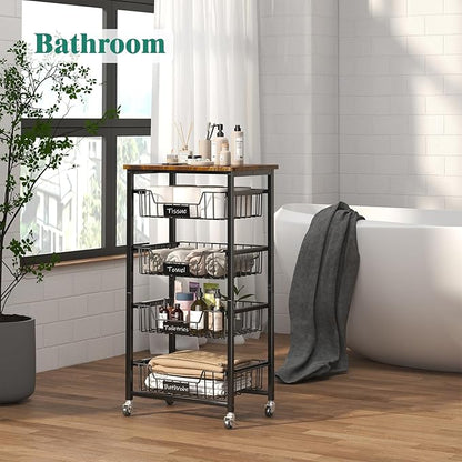 Kitchen Storage Cart with Wheels, 5-Tier Metal Utility Rolling Cart Fruit