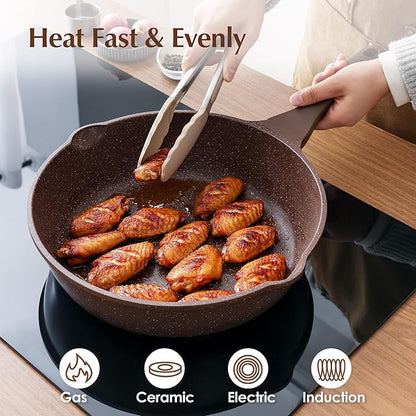 SENSARTE Nonstick Deep Frying Pan Skillet, 12-inch Saute Pan with Lid, Stay-Cool Handle, Healthy Cookware Cooking Pan with Cover, Induction Compatible (Toffee Brown)