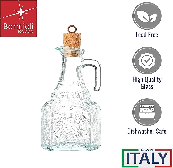 Bormioli Rocco Set Of 2 Country Home Helios Oil Bottle, 8-ounce With All Natural Cork Lid, Blue-green Tinted Star Glass, Elegant And Floral Design Made In Italy.