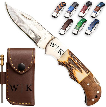 Personalized Folding Knife - Damascus Stag Bone Pocket Knife, Unique Gift for Brother, Uncle, Grandpa, Husband, Groomsmen, Camping, Personalized Folding Blade for Anniversary, Christmas Gift