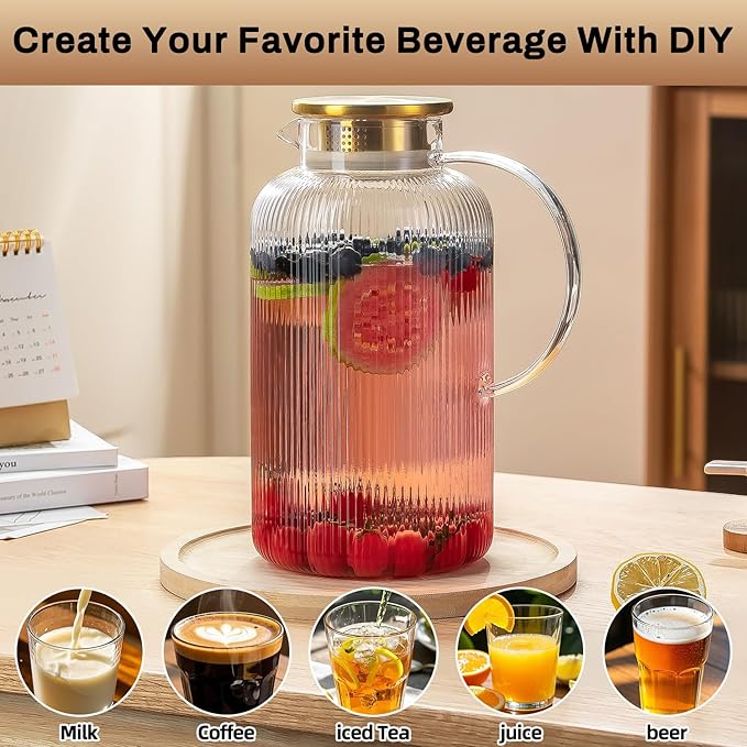 Buaic Glass Pitcher with Lid, 100 oz/ 3 Liter Classic Vertical Stripes Water