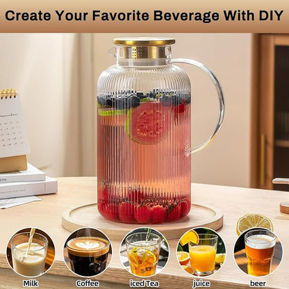 Buaic Glass Pitcher with Lid, 100 oz/ 3 Liter Classic Vertical Stripes Water