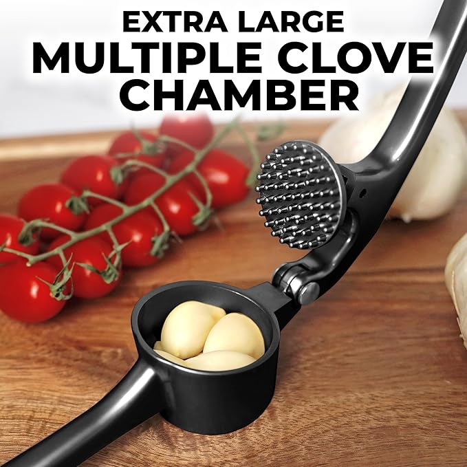 Zulay Kitchen Large Premium Garlic Press Set - Bigger Bowl for Bigger Garlic - Rust Proof & Dishwasher Safe Garlic Mincer Tool - Easy-Squeeze, Easy-Clean Silicone Garlic Peeler & Brush (Black)