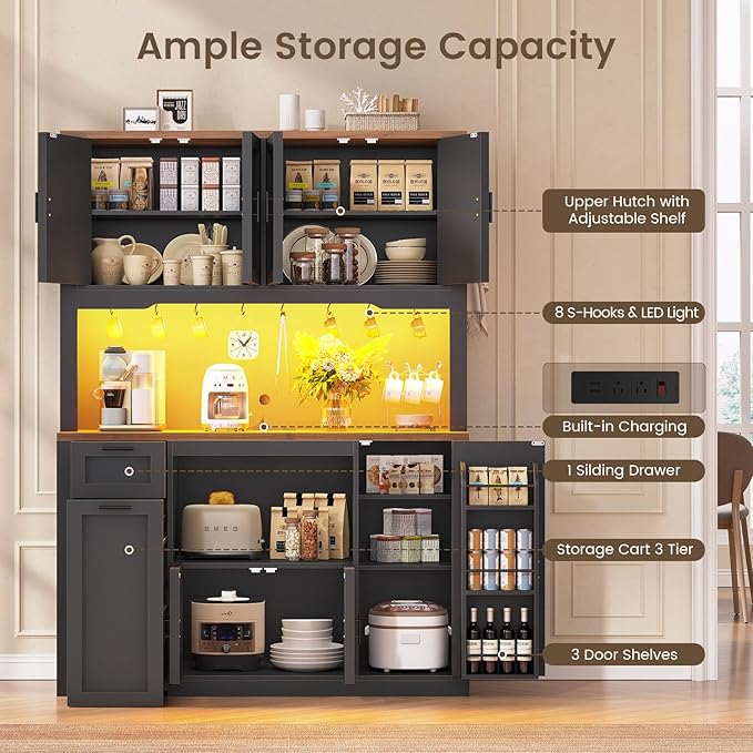 Itaar 71" Pantry Cabinet with Charging Station and LED Light, Kitchen Pantry Cabinet with Microwave Stand, 47.2" Wide Kitchen Storage Cabinets with Storage Cart 3 Tier for Dining Room, Black