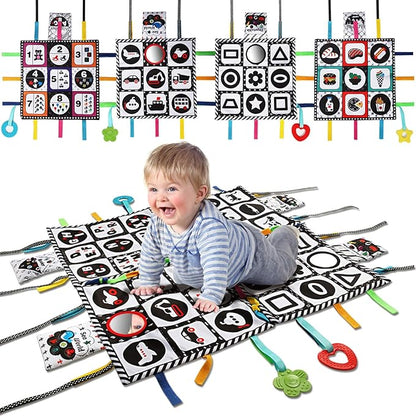 teytoy Tummy Time Floor Mirror, Double High Contrast Play and Pat Activity Mat Black and White Baby Crinkle Toys with Teether, Great Gift for Infants Boys and Girls -Pack of 4