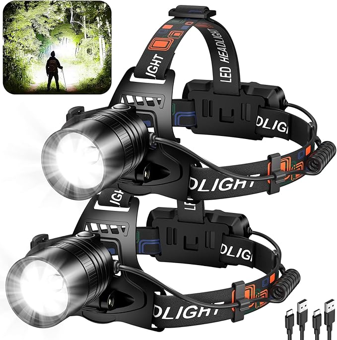 Rechargeable Led Headlamp 2Pack, 99000 Lumen Super Bright Head Lamp with 3 Modes & 90° Adjustable, Brightest Headlamp 30H Long Runtime, Powerful Waterproof Headlamps for Adults Camping