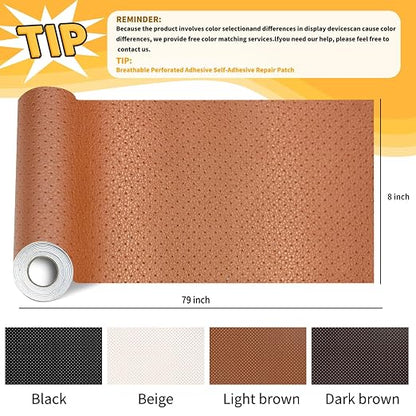 JuCheng Breathable Perforated Self-Adhesive Leather Repair Patch for Furniture, Couches, Car Seats, Office Chairs Faux Leather & Vinyl Repair Kit (Light Brown, 8x79inch)