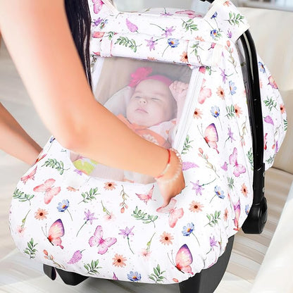 Pea Pod Car Seat Cover Baby, Infant Car Seat Canopy Covers with 2 Layers Windows of Breathable Mesh Fabric, Lightweight Polyester, Soft Minky Dot Backing (Butterfly Pattern)