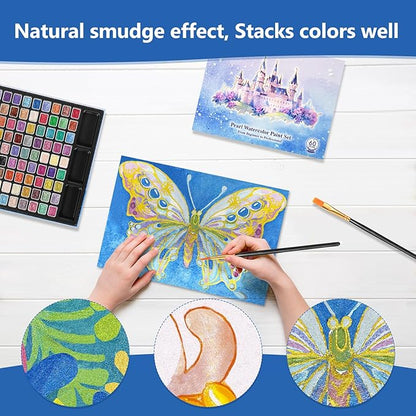 Mini Glitter Watercolor Paint Set with Paper, 108 Colors Shimmer Metallic Watercolour Painting Sets, Solid Pearl Water Color Paints for Adult, Kids, 1ml Trial Package(1ml 108 Colors)