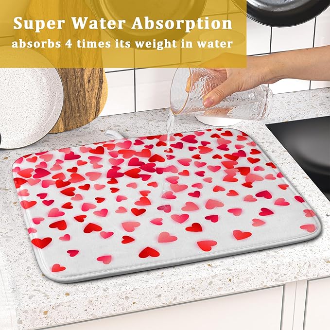 Valentines Dish Drying Mat for Kitchen Counter Hearts Holiday Microfiber